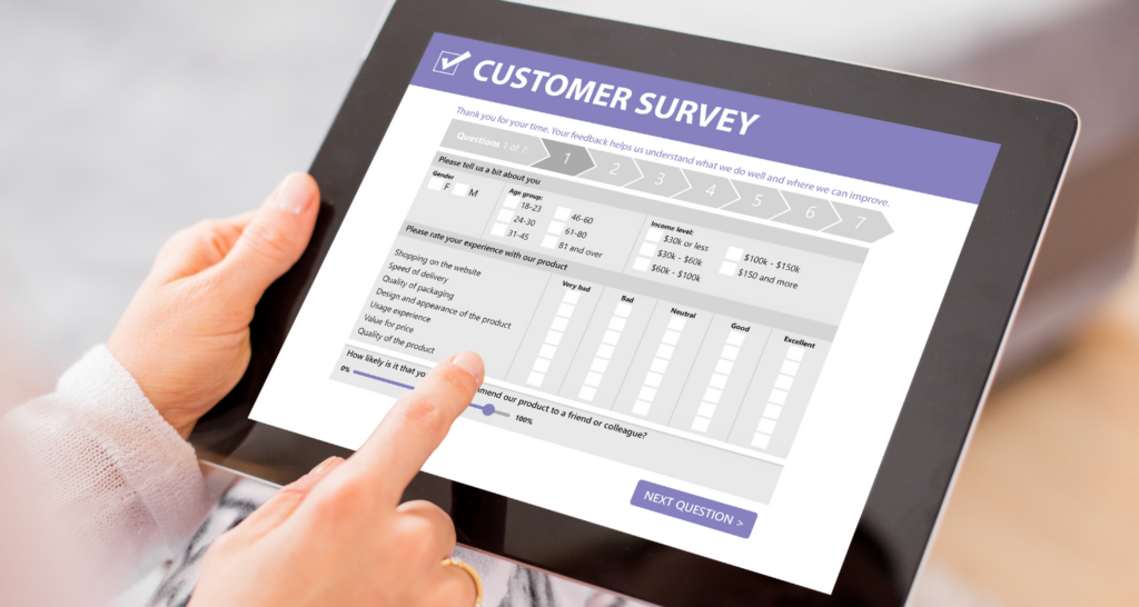 Customer survey on a tablet screen